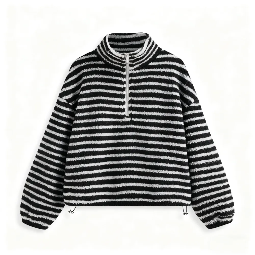 Fleece Stripe Stand Collar Drawstring Half Zip Oversized Sweatshirt