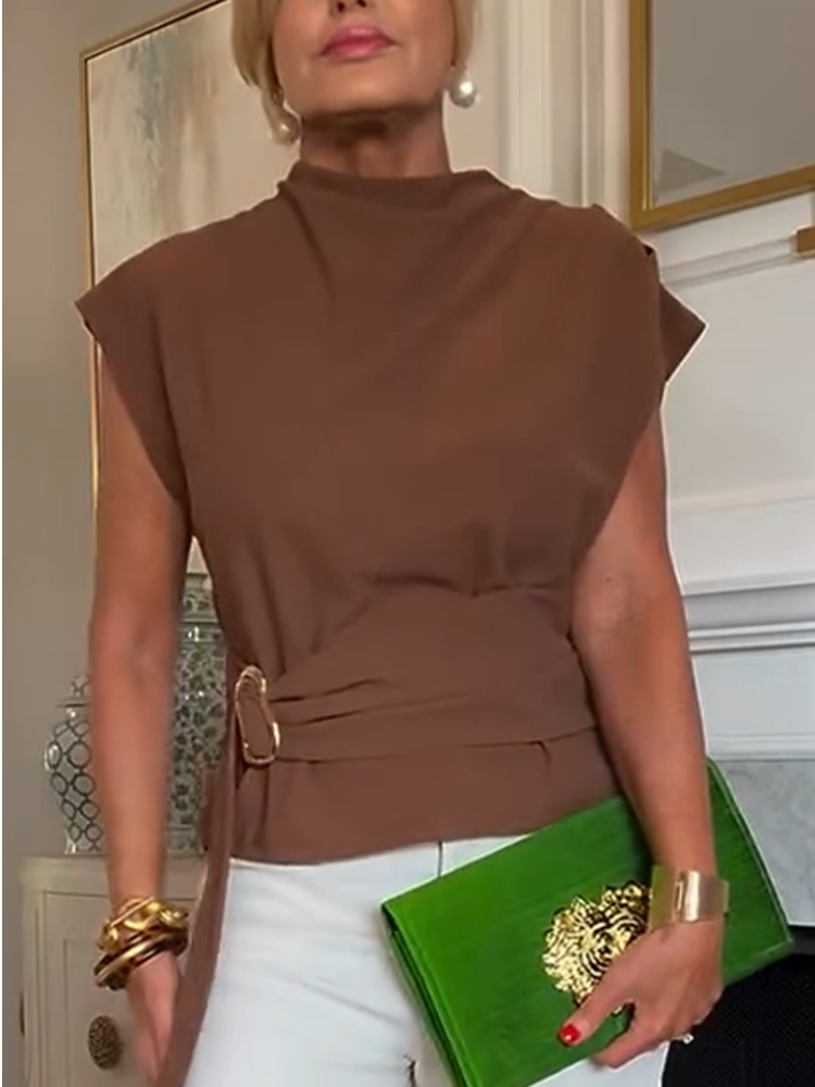 Women Round Neck Waistband Strap Metal Buckle Casual Top