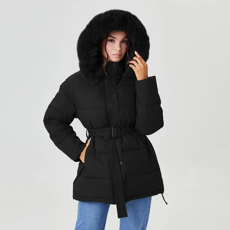 Women's Versatile Solid Color Fluffy Hooded Zip-Up Belt Decor Cotton Coat