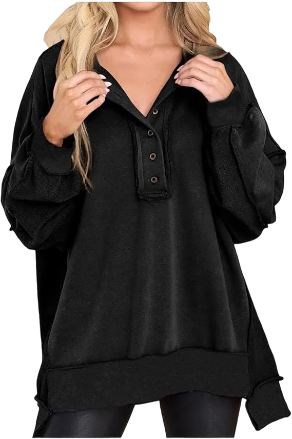 Women's loose-fitting casual long-sleeved button-up pullover shirt