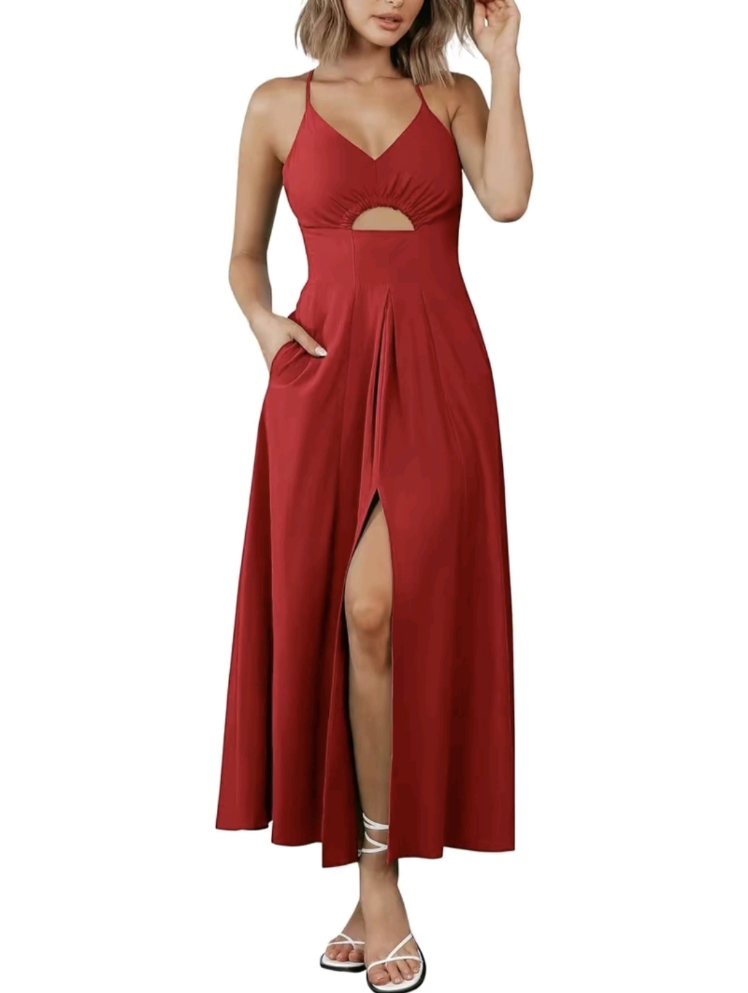 BTFBM Women's 2025 Summer Maxi Dress – Spaghetti Strap V-Neck Sleeveless Dress with Side Slit, Cutout Detail & Pockets | Casual Beach Party Outfit