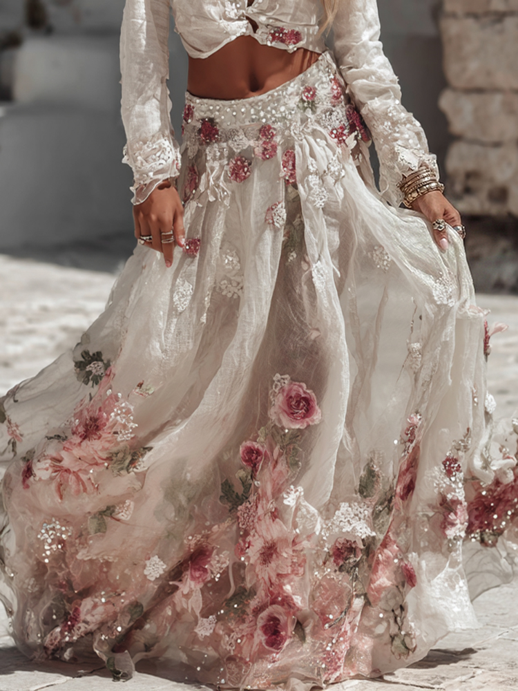 Vintage Pink Flower Art Pattern Flowy Linen Skirt