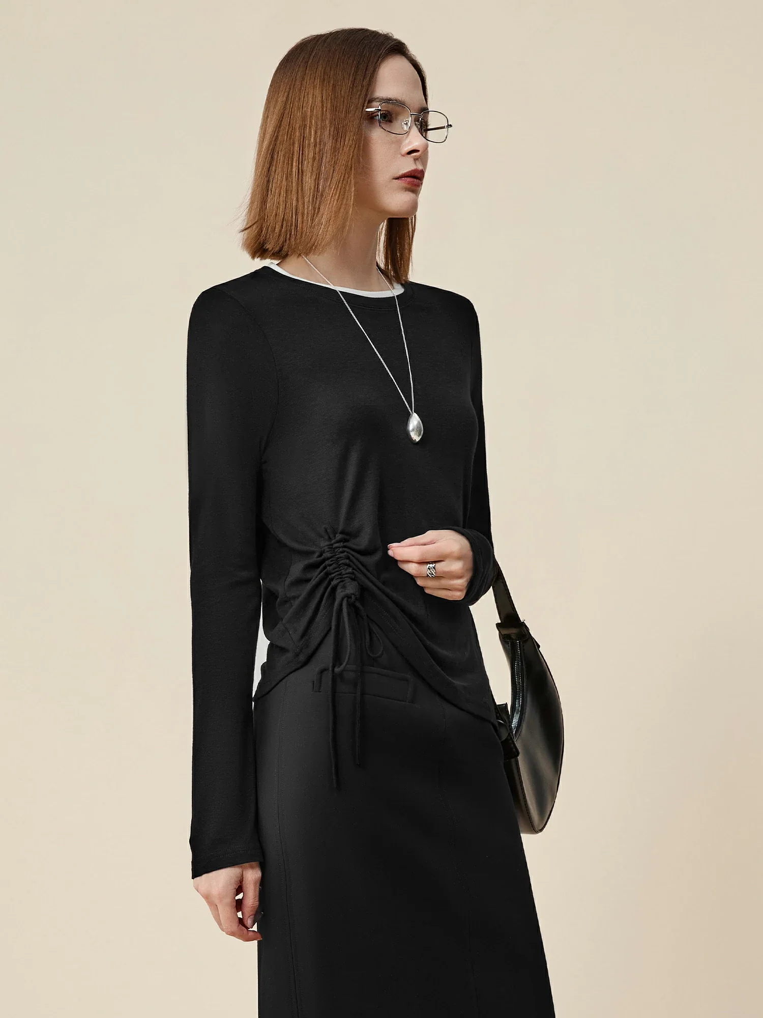 Lyocell & Wool Round Neck Long Sleeve Drawstring T-Shirt