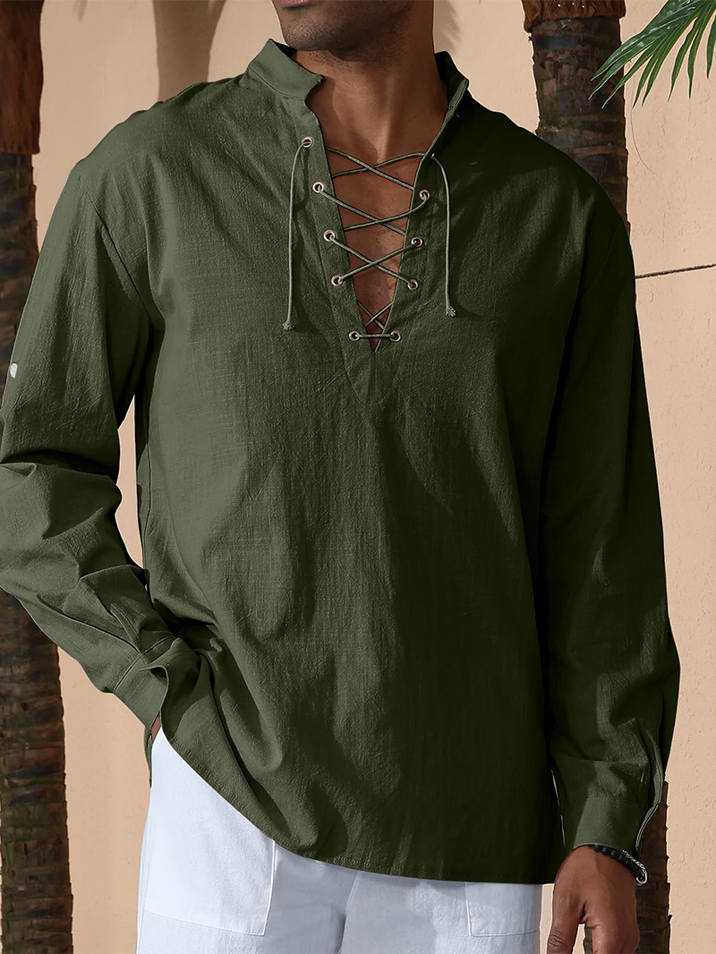 Men's cotton and linen shirt with drawstring sleeves