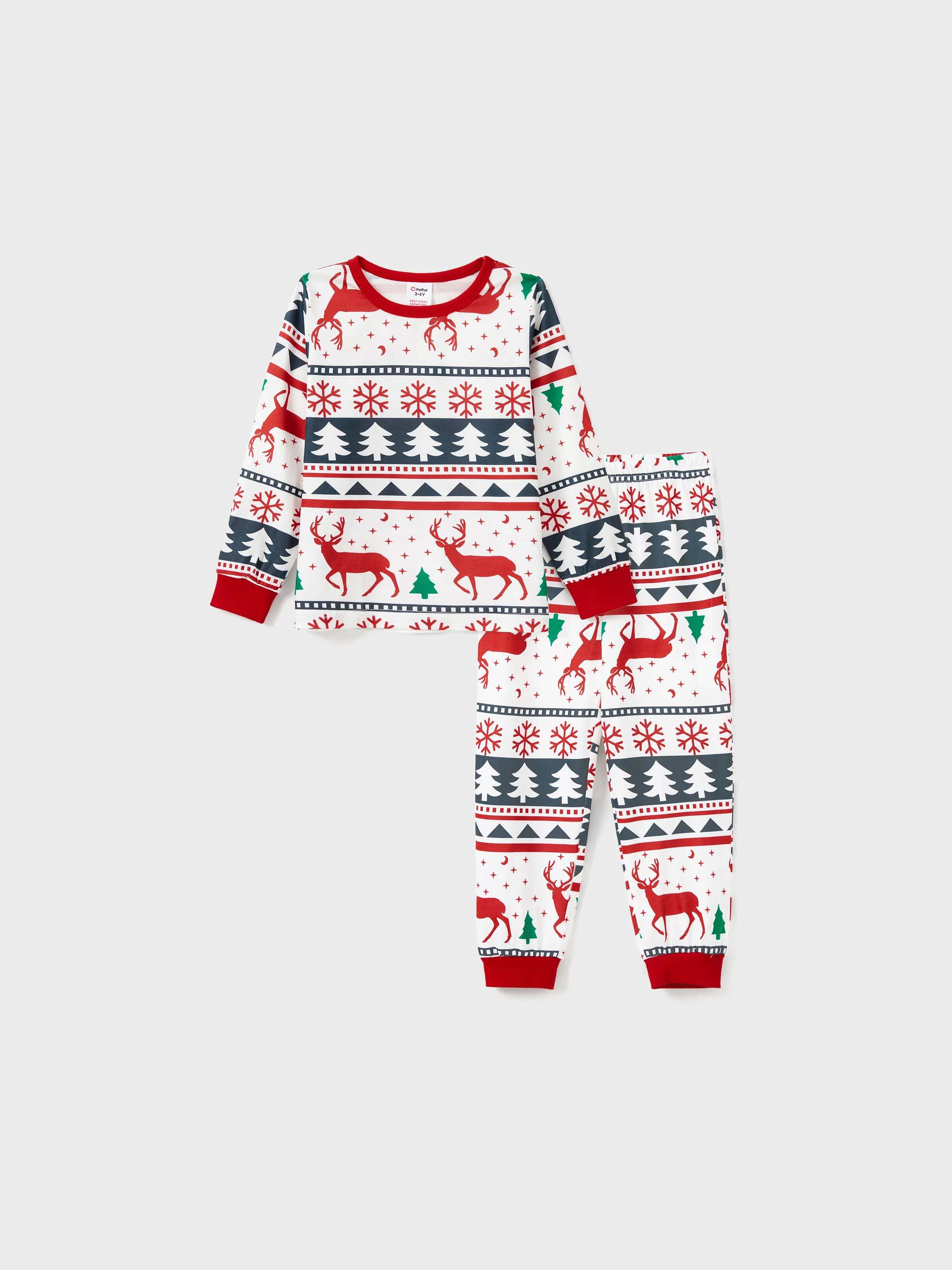 Family Christmas Pajamas All Over Reindeer Print Long-sleeve with Christmas Socks (SGS Certied Safety) Red+White