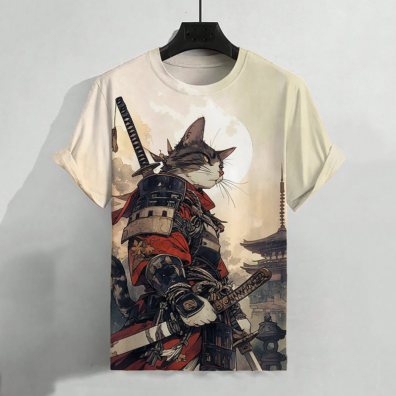 Men's Cat Warrior Guard With Knife Art Print T-shirt