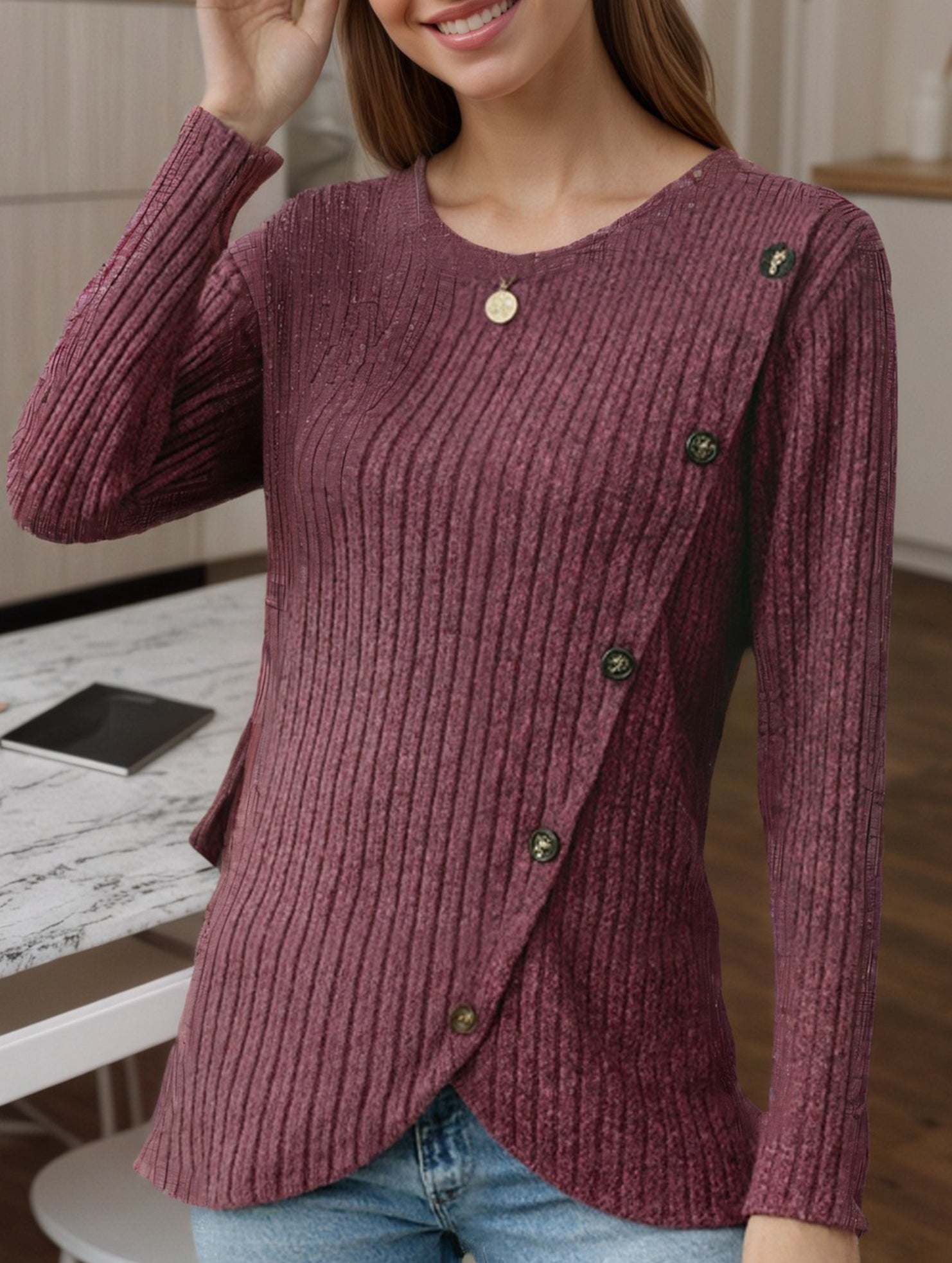 Ribbed Brushed Tulip Hem Long Sleeve Tee