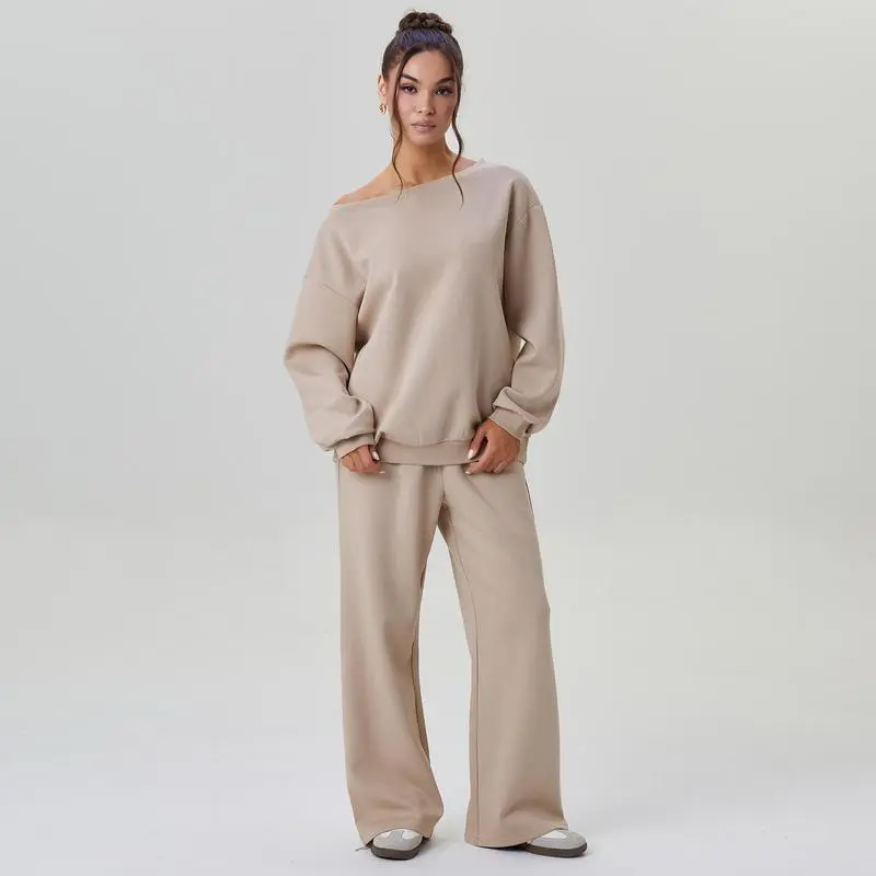 Women's Leisure Solid Color Sloping Shoulder Long Sleeve Top & Wide-Leg Trousers Set