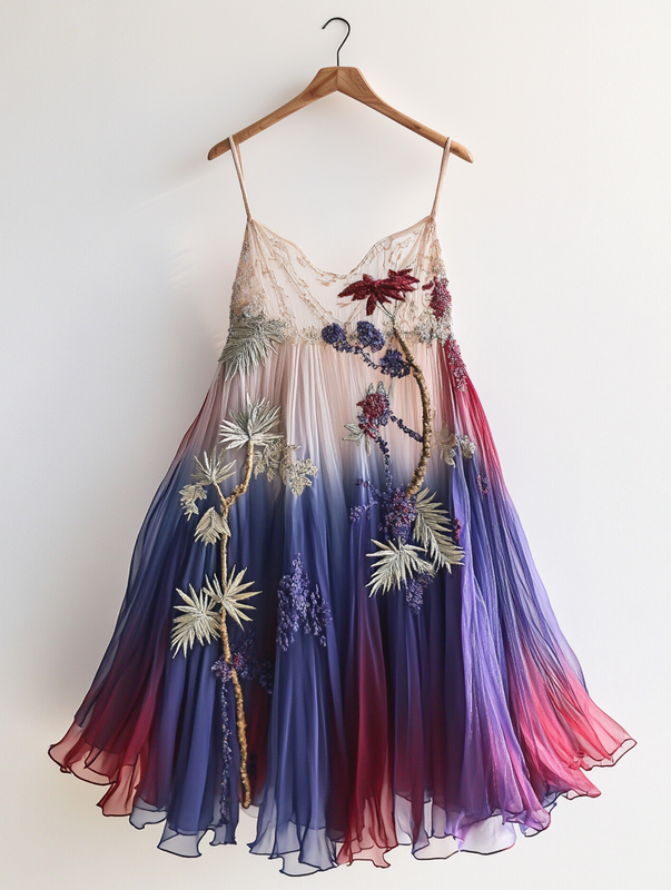 Summer Fashion Suspender Gradient Embroidery Dress b913