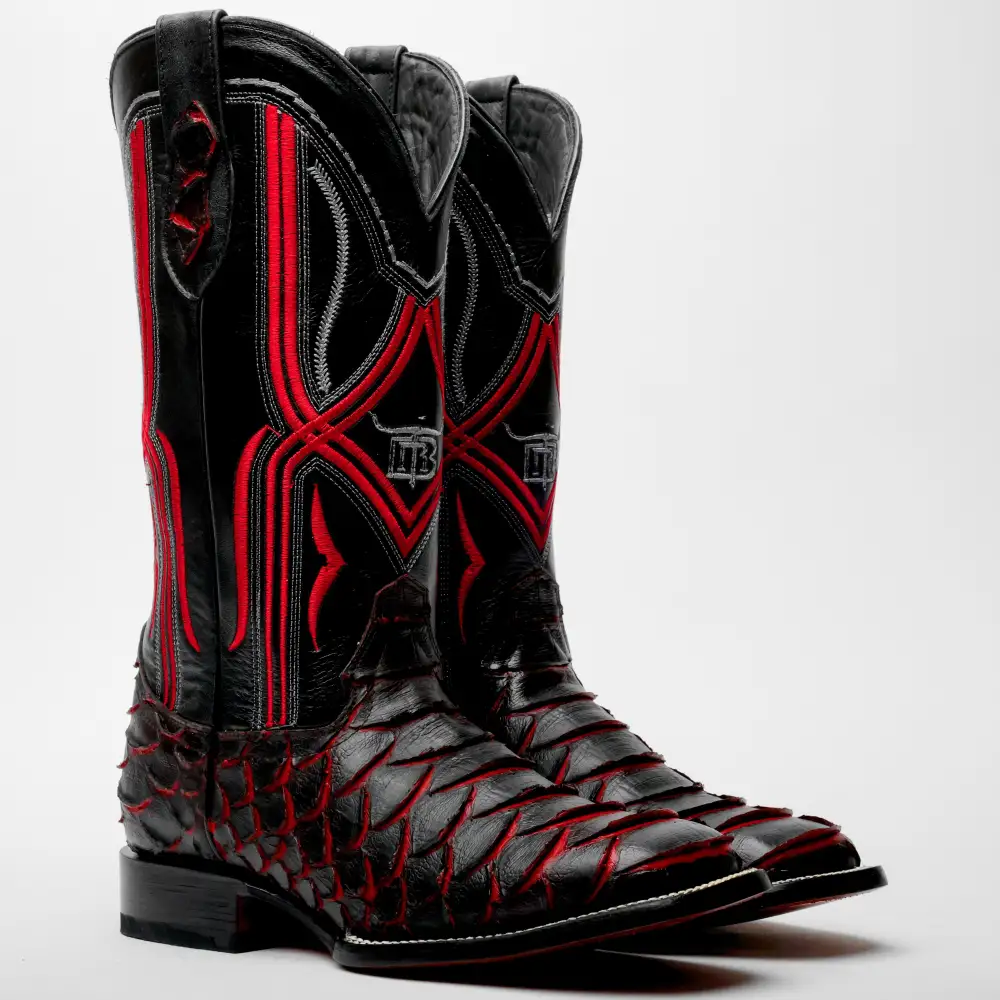 Black/Red Jumbo Python Leather Boots - Square Toe