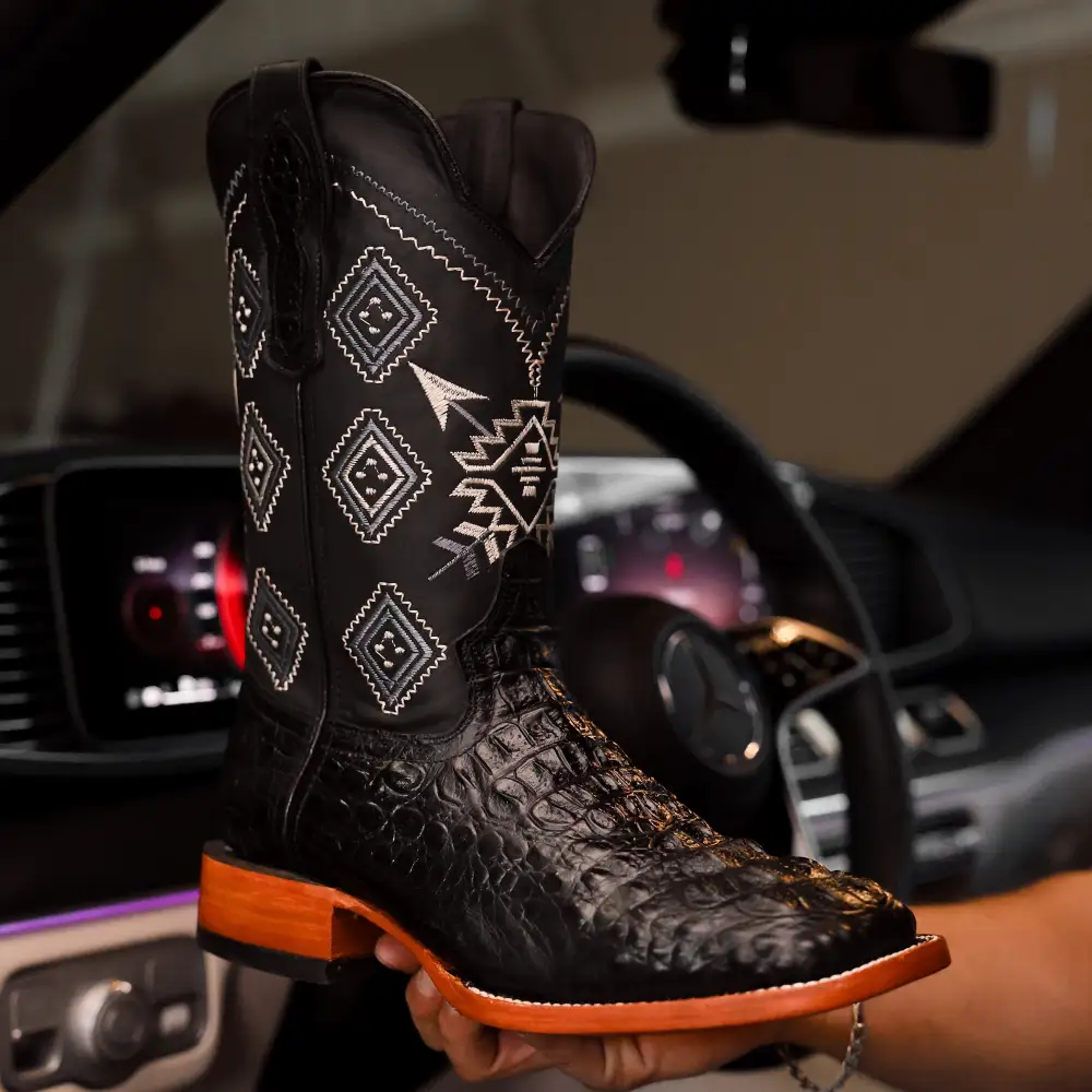Black Caiman Neck Leather Boots - Square Toe