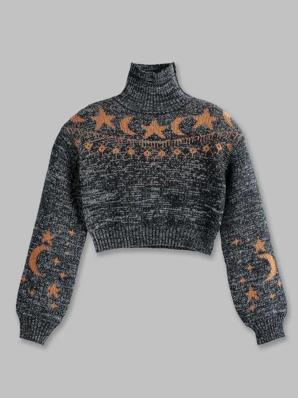 Women's Moon & Star Pattern High Neck Sweater