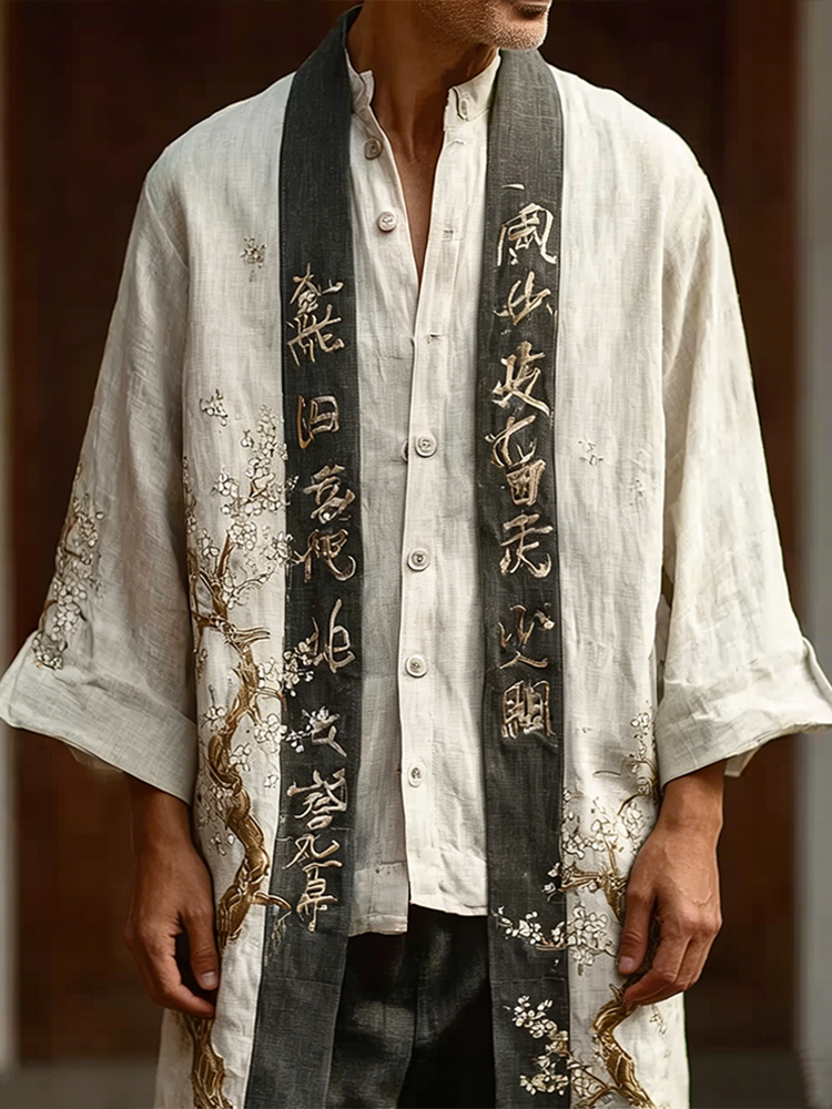 Men's White Cherry Blossom Pattern Casual Linen Long Kimono
