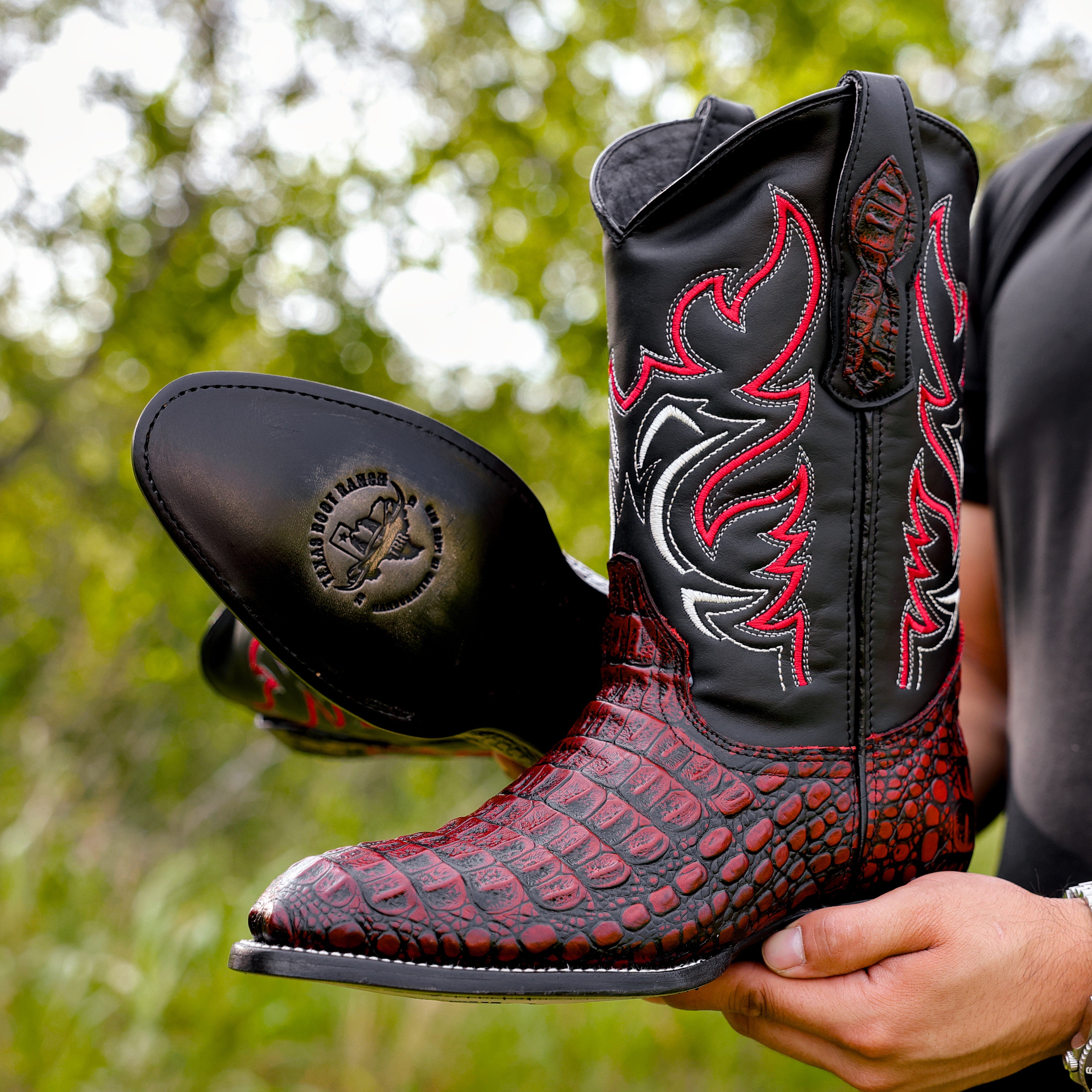 Black Cherry Caiman Hornback Leather Boots - Round Toe