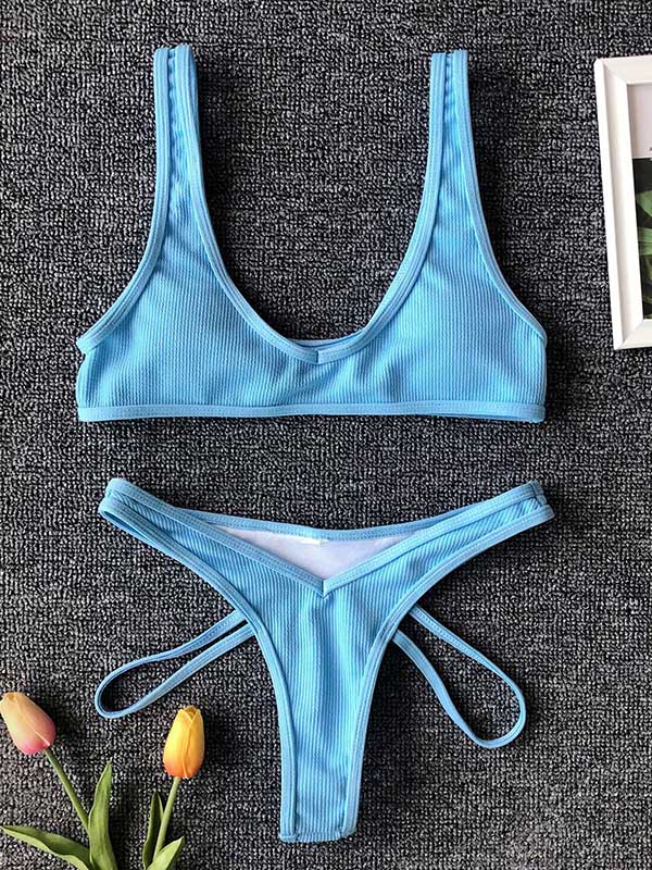 Solid Color U-Neck Bralette Hipster Hollow Bikini Swimwear