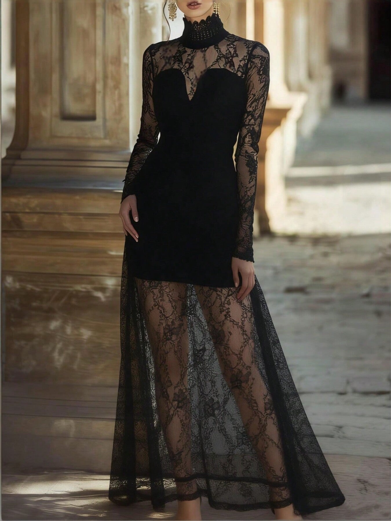 Lace High Neck Long Sleeve Maxi Dress