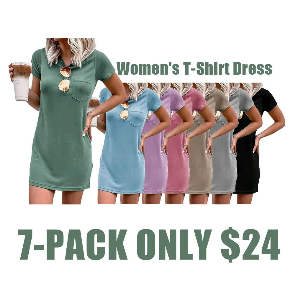 Women's Mini T-Shirt Dress - Crew Neck, Short Sleeve & Pocket