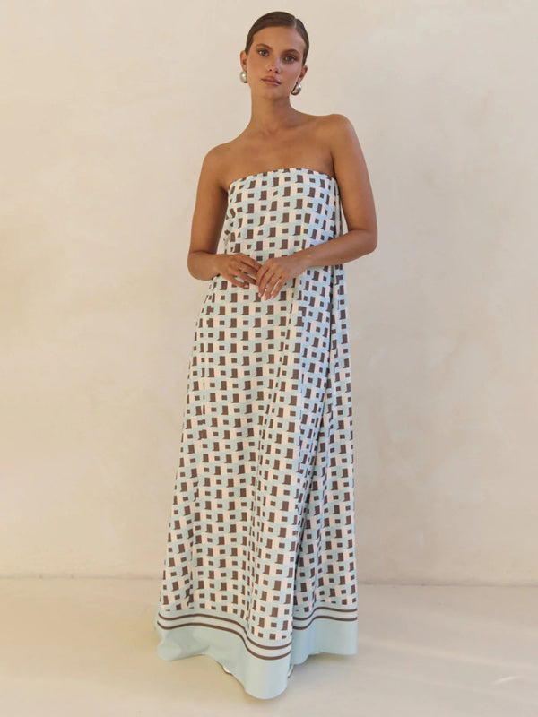 Strapless Off-shoulder Brown Checkered Print Floor Length Dress