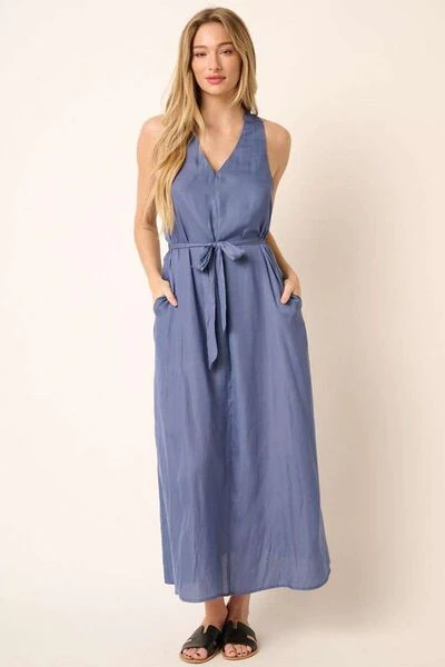 Cross Back Belted V Neck Tank Maxi Dress
