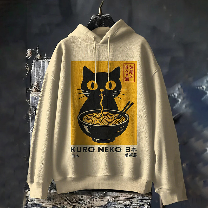 Men's Black Cat Eating Ramen Japanese Art Print Hooded Sweatshirt