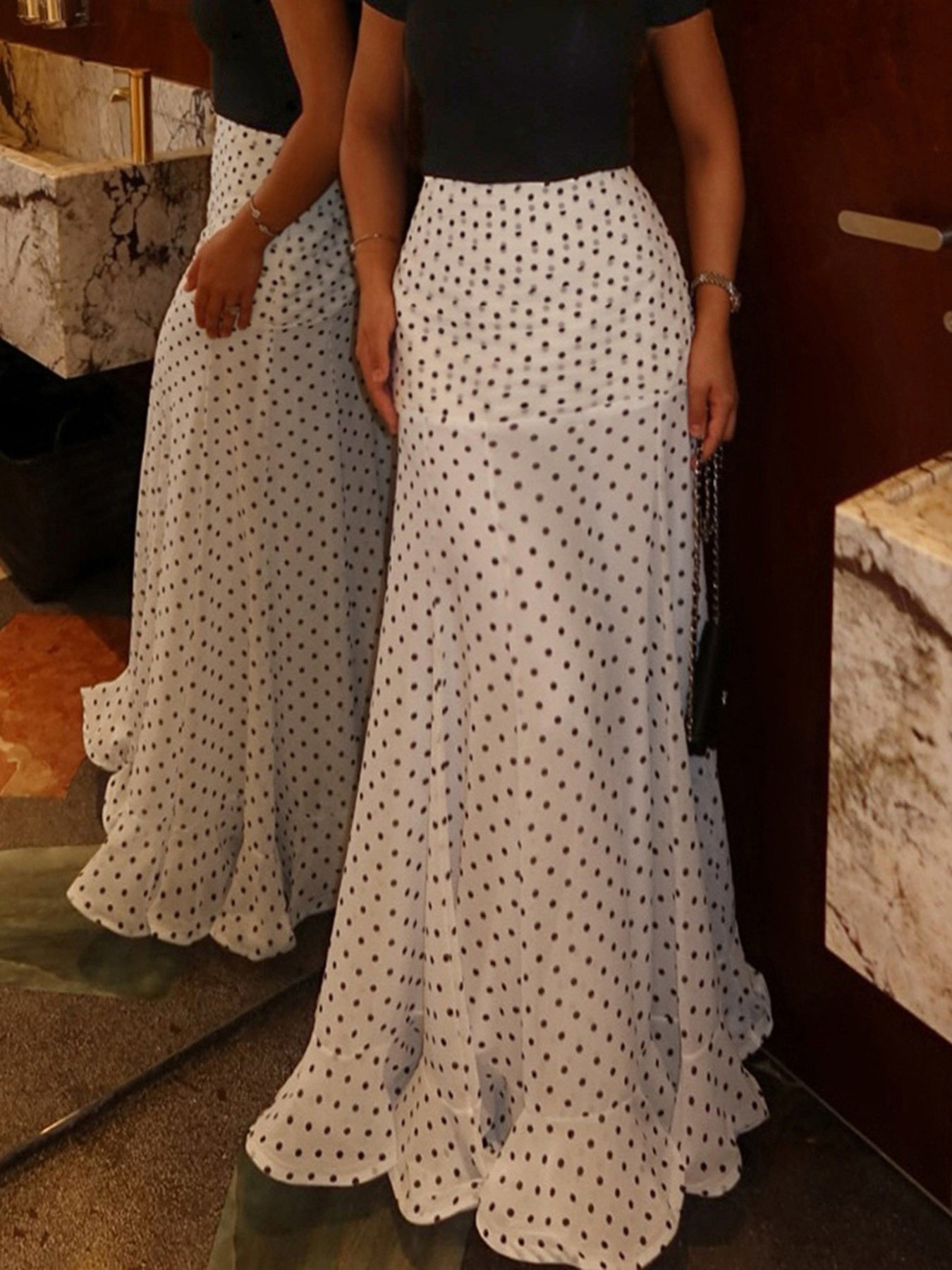 Polka Dot Ruffle Hem Maxi Skirt