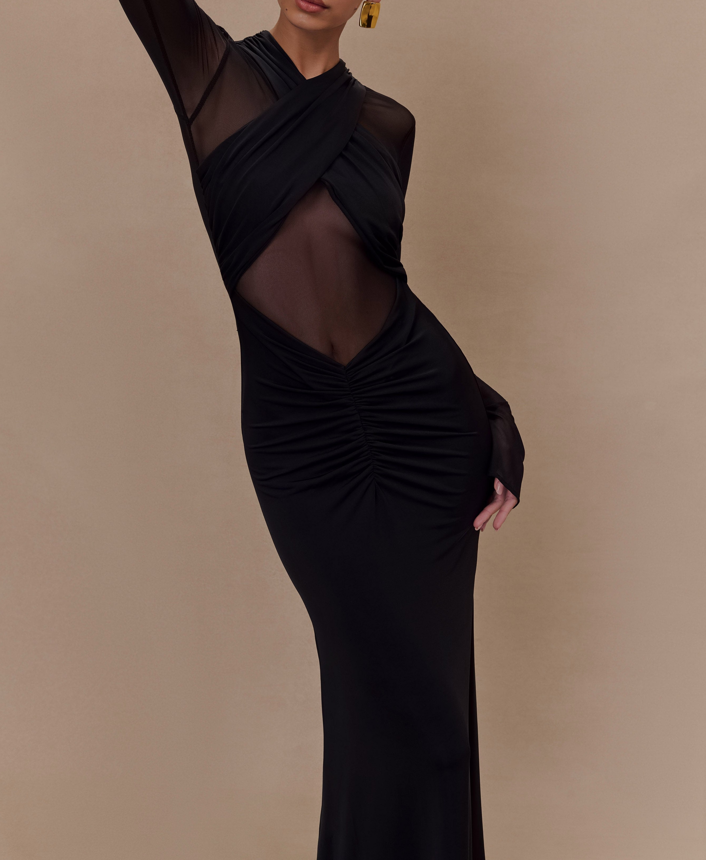 Black Slinky And Mesh Long Sleeve Maxi Dress