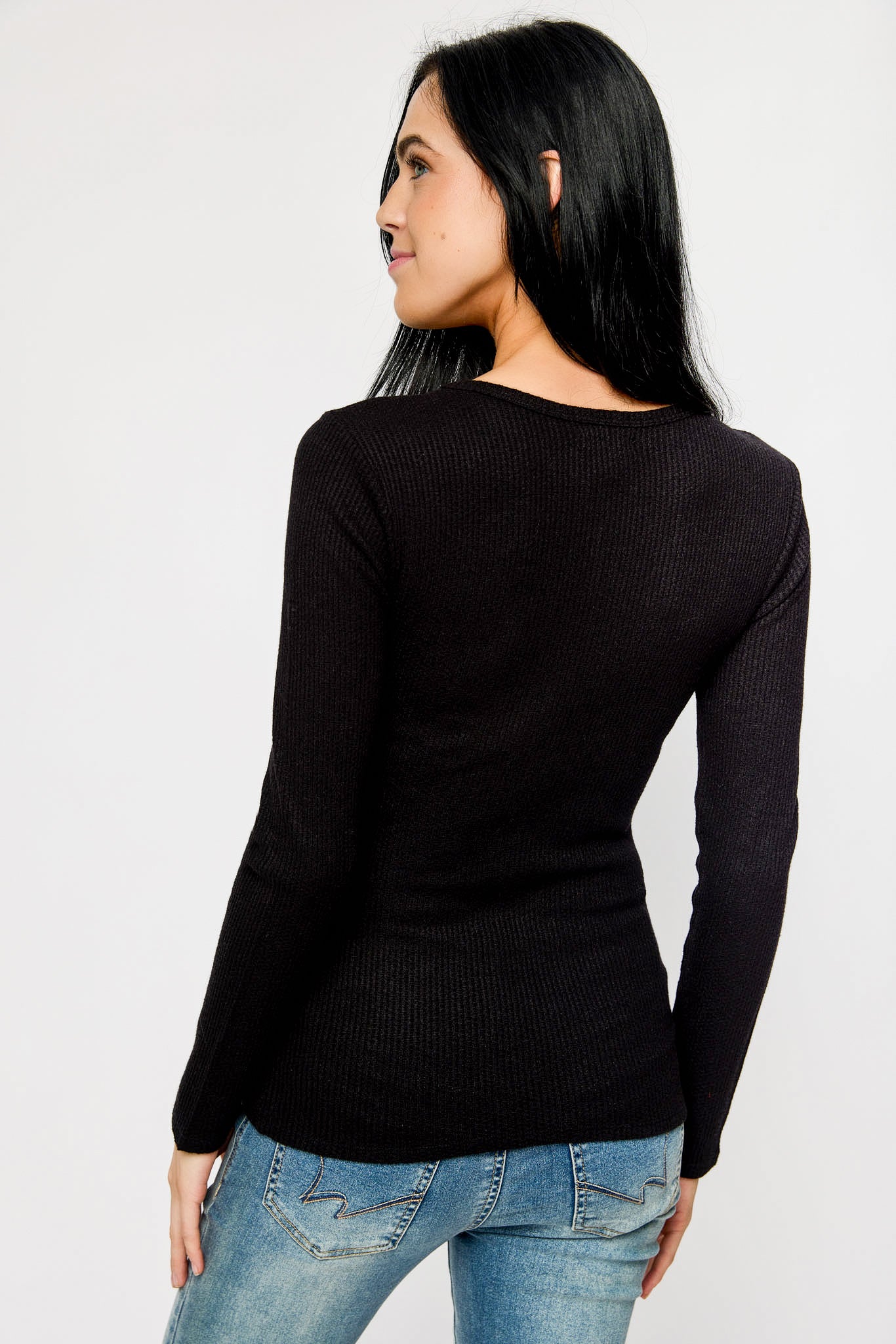 Waffle-Knit Long-Sleeve Crew-Neck Tee