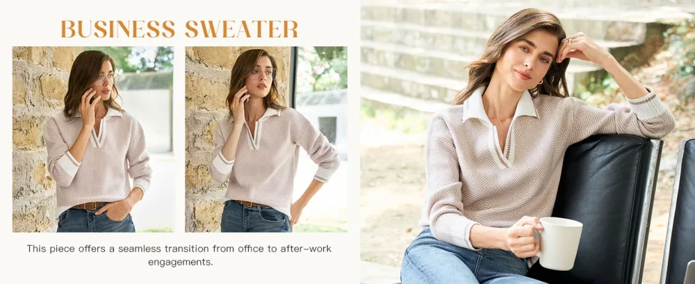 Womens V Neck Knit Sweater Color Block Long Sleeve