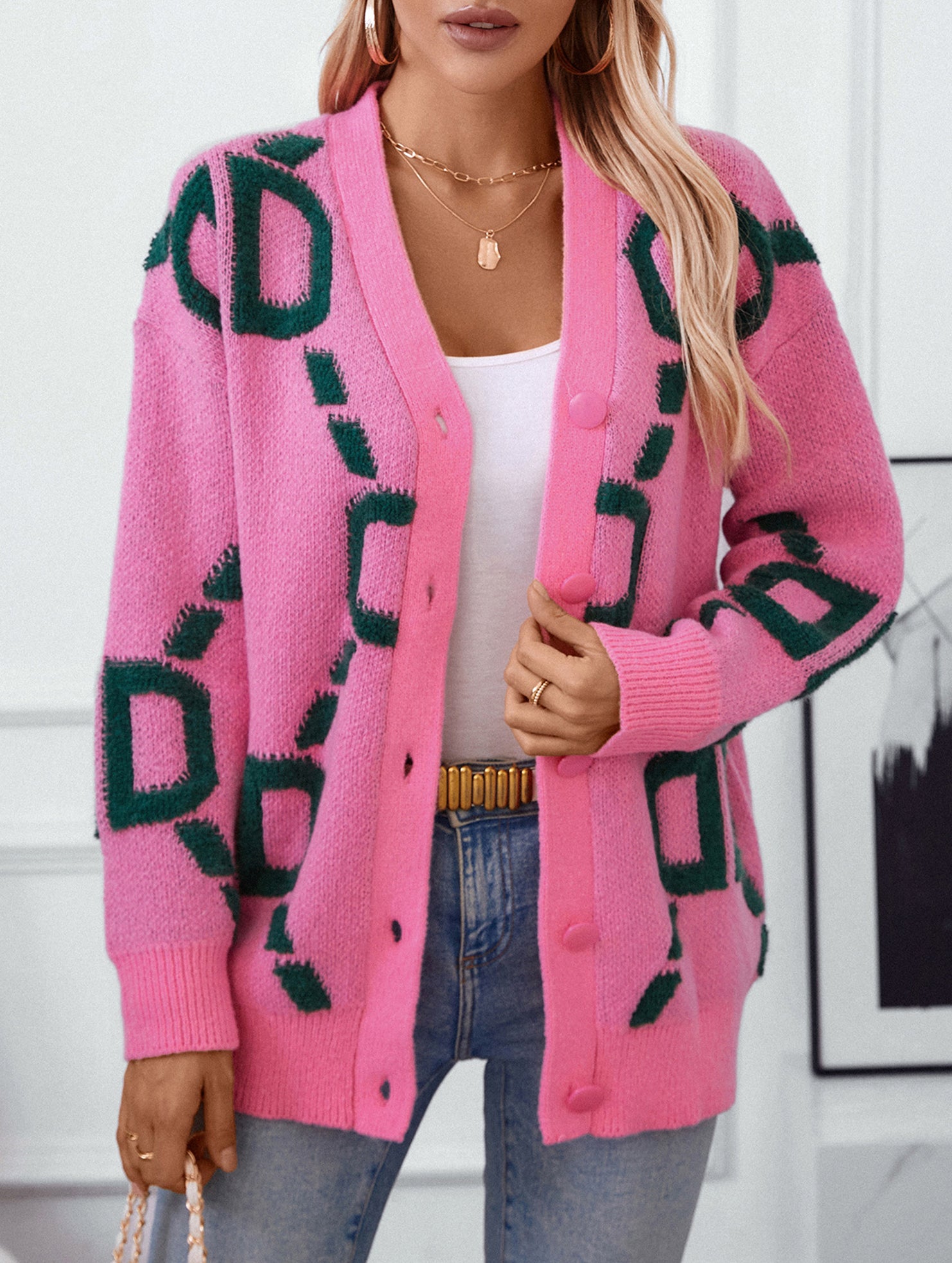 Letter Embroidered Button Knit Long Cardigan