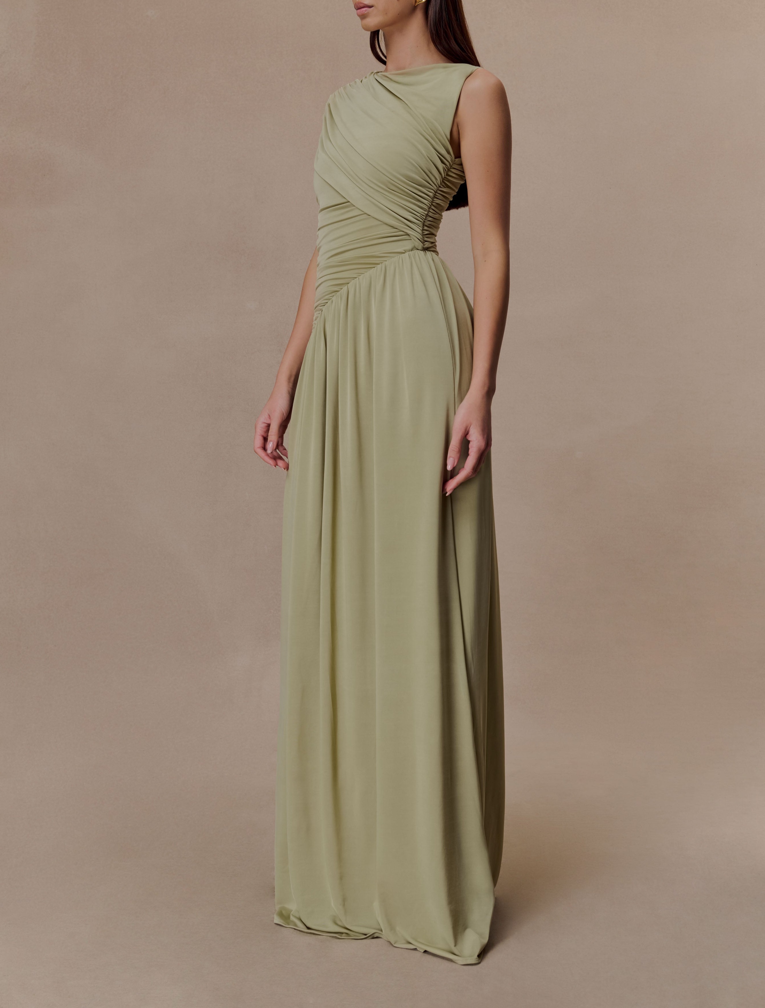Sage Slinky Asymmetric Maxi Dress
