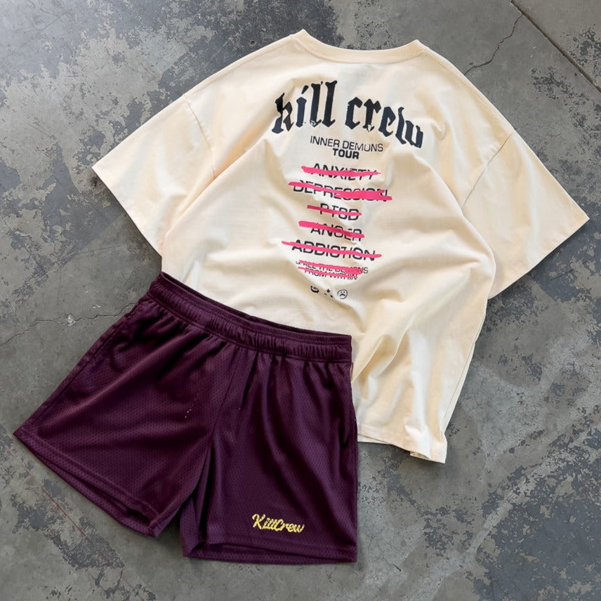 VENTED MESH SHORTS SCRIPT - MAROON / GOLD