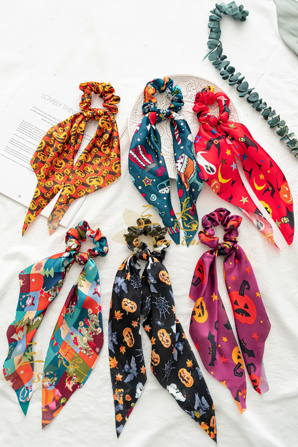 Orange Halloween Pumpkin Face Printed Satin Scrunch Hair Tie