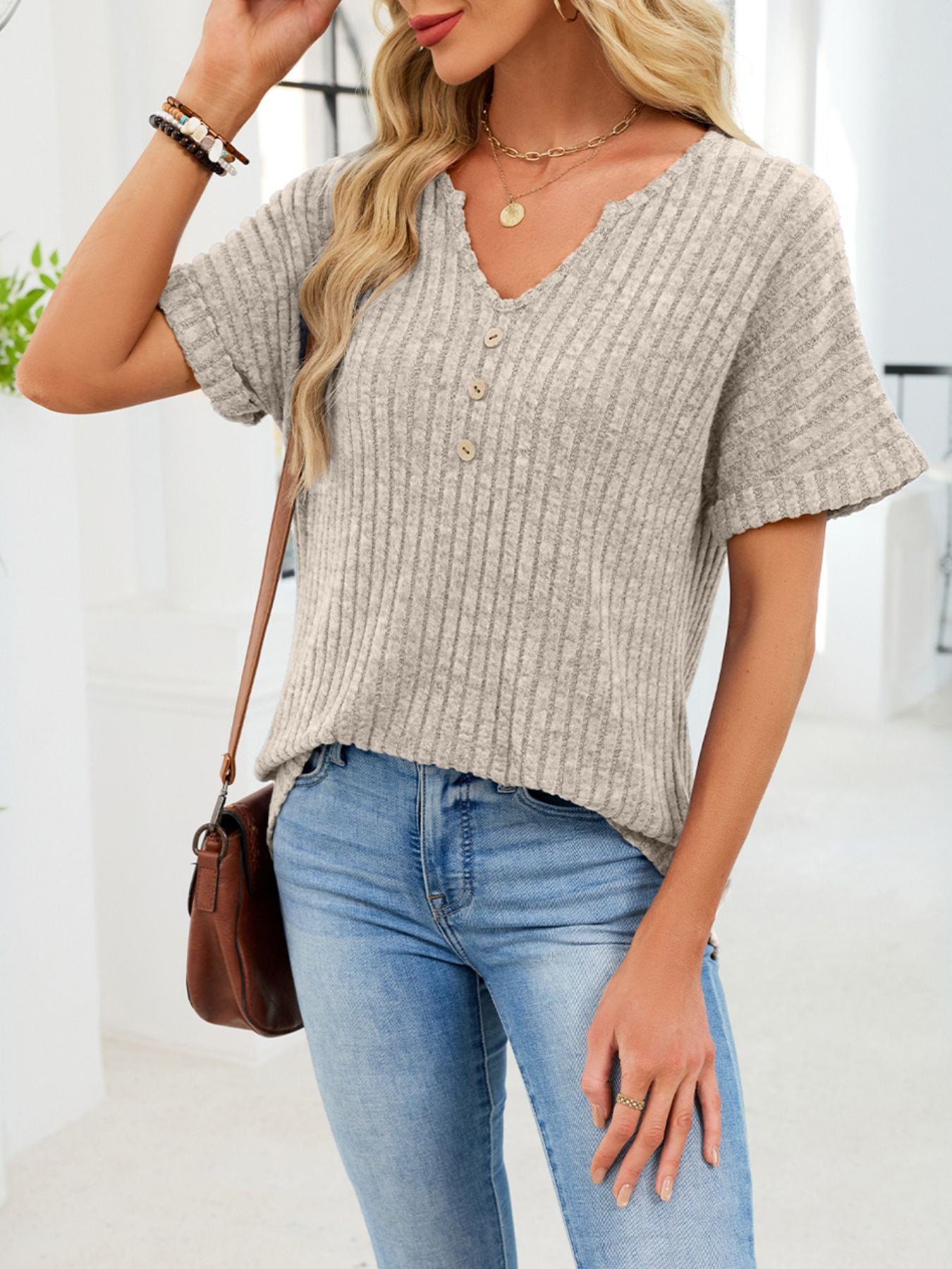 Ribbed Knit Short Sleeve T-Shirt