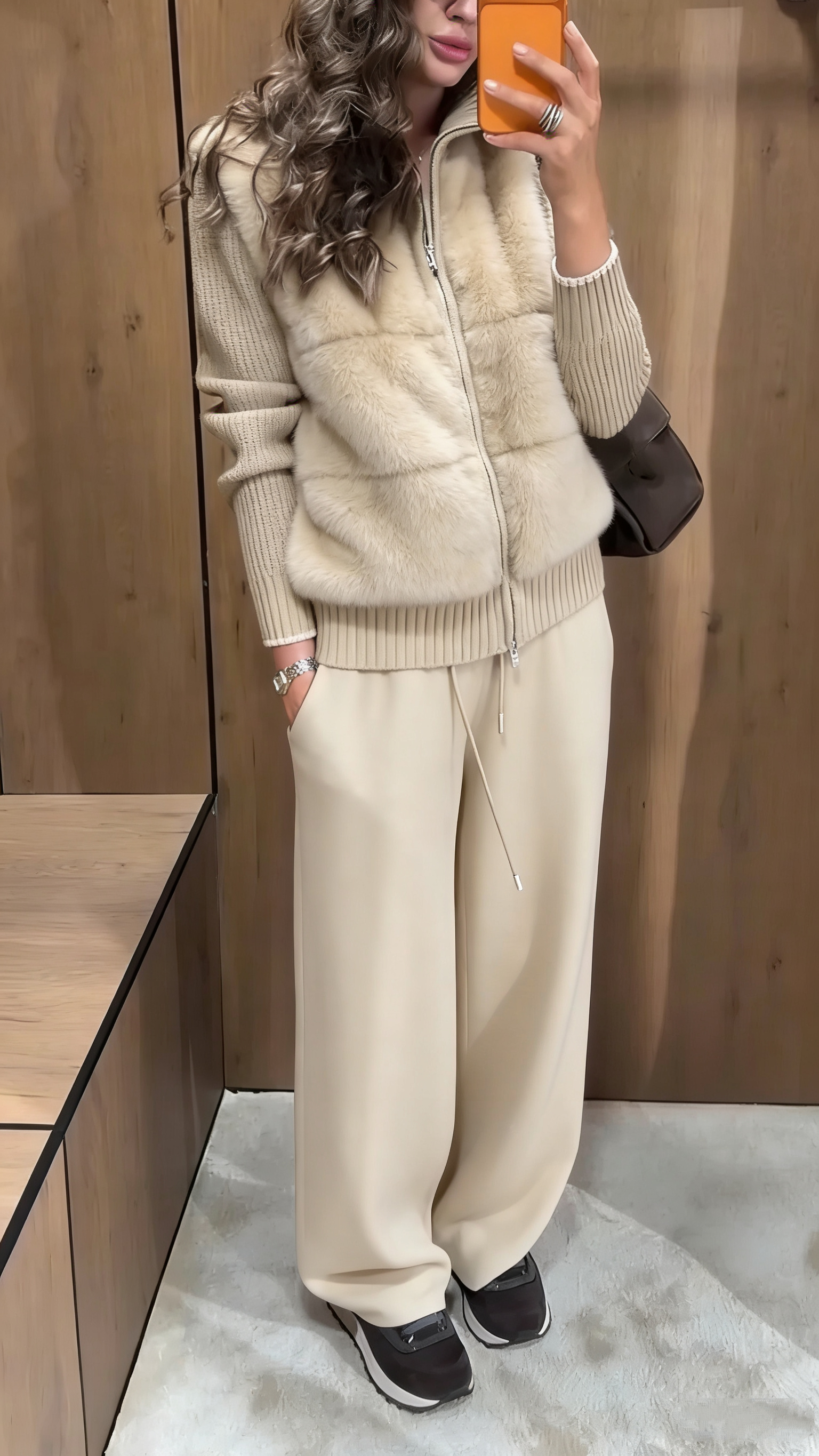 Women Collar Plush Patchwork Jacket+ Pants Casual Set