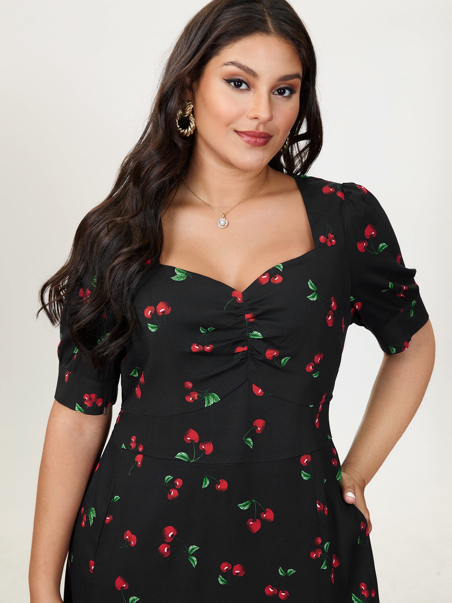 Cherry Print Split Hem Midi Dress