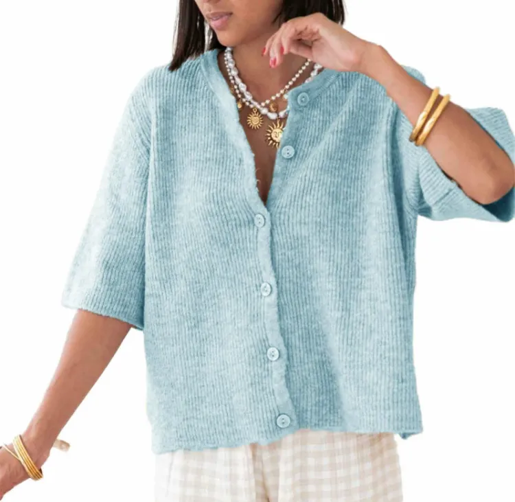 Women's  Knit Cardigan – Half Sleeve, Solid Color, Button-Up, Lightweight Knitwear for Daily Wear
