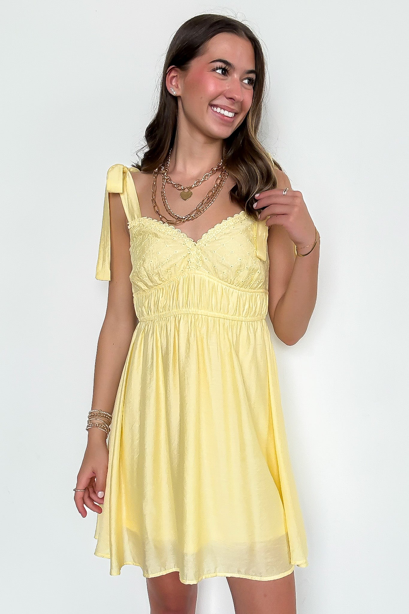 Eyelet Detail Lace Trim Tie Strap Dress