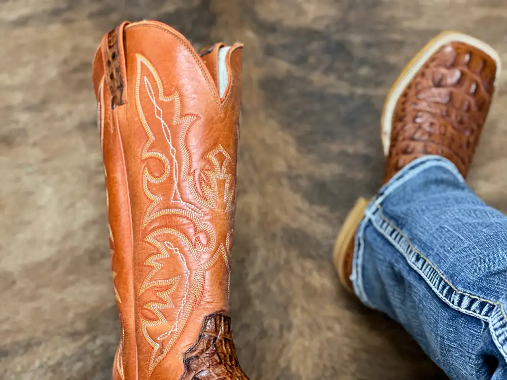 Men’s Cognac Crocodile Leather Boots White Orange Shaft