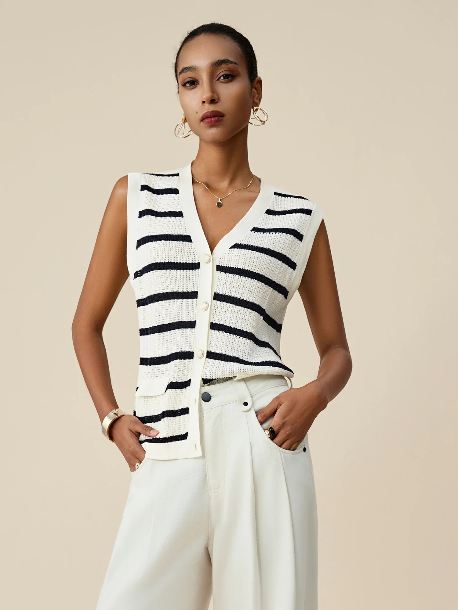 Lyocell & Linen V-Neck Sleeveless Striped Knitted Vest