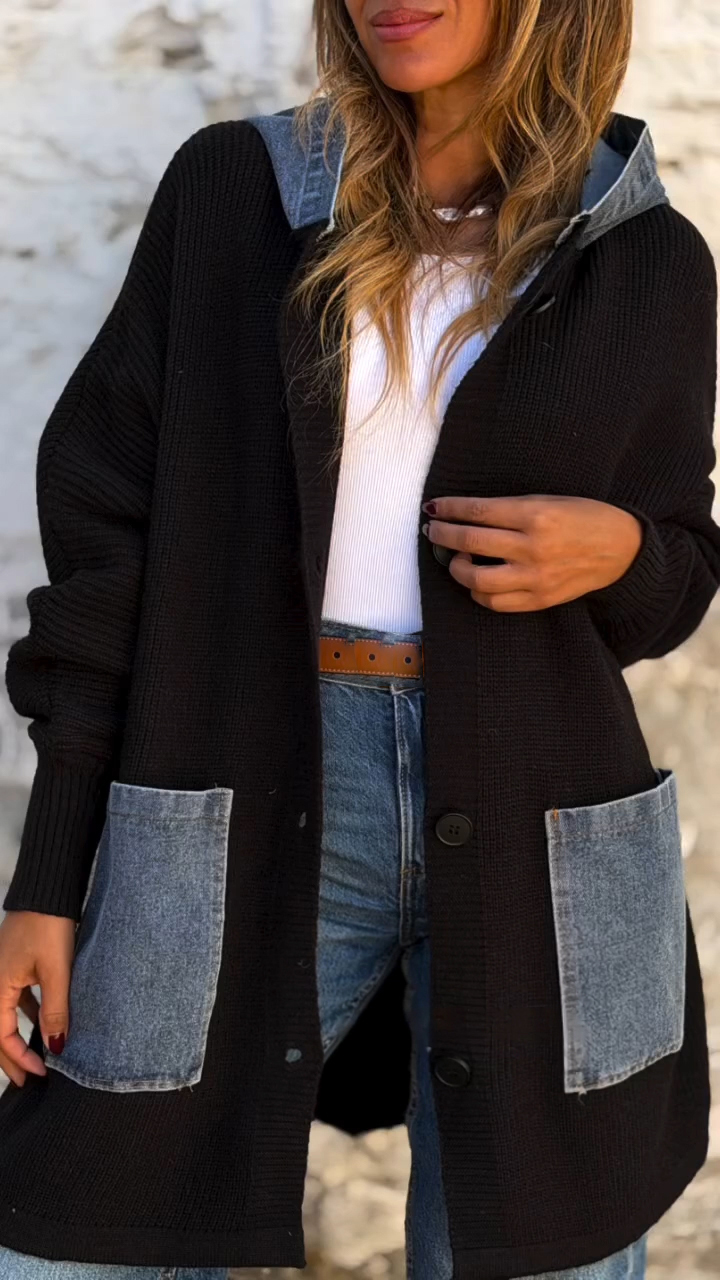 Women Hooded Patchwork Denim Casual Cardigan