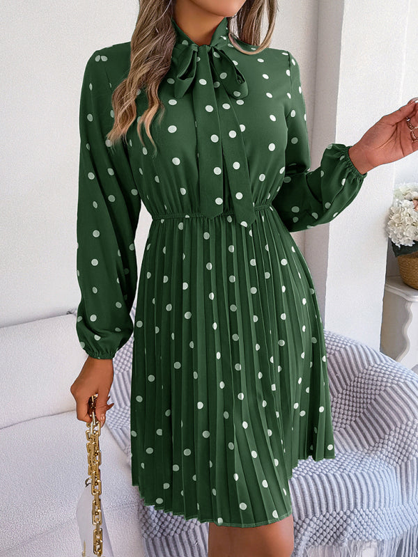 Elegant Polka-Dot Lace-Up Waist Long-Sleeved Pleated Skirt