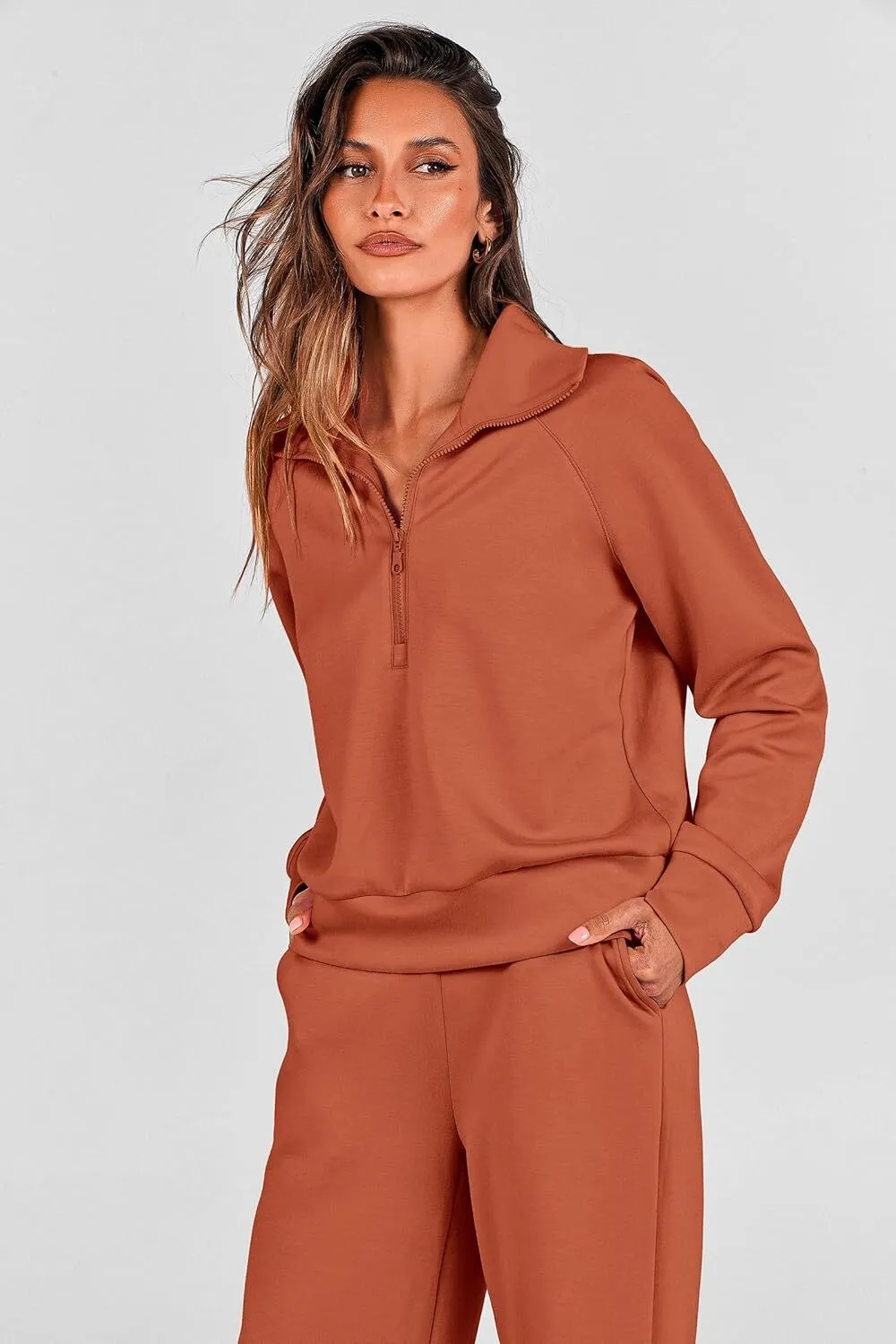 🔥Final Day Clearance!🛒Women's 2 Piece Outfits Casual Lapel Half Zip Sweatshirts And Wide Leg Pants Tracksuit Sets