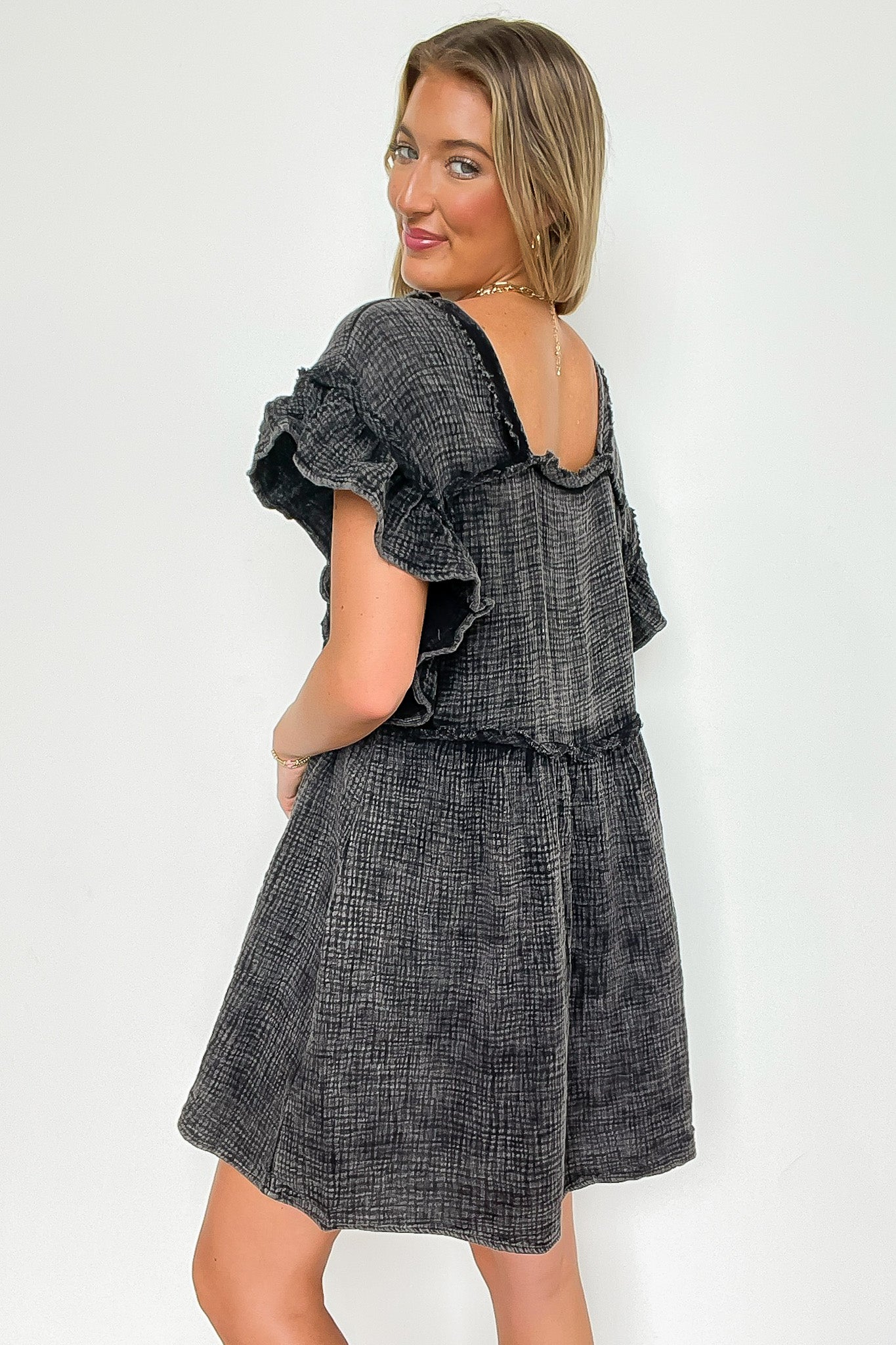 Mineral Washed Square-Neck Ruffle Sleeve Dress