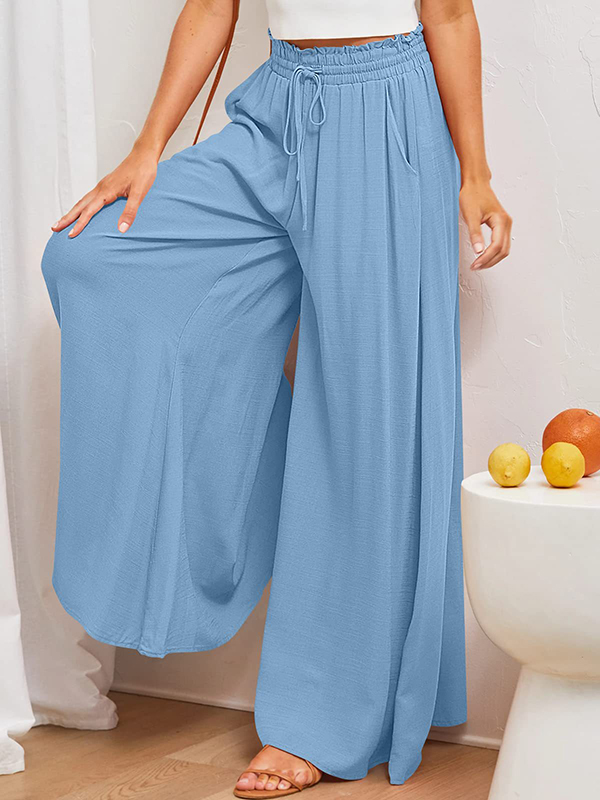 Drawstring Elasticity Pleated Pockets Solid Color High Waisted Loose Trousers Pants