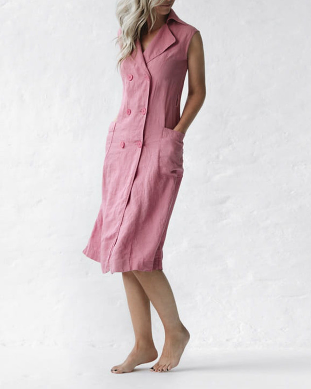Summer Cotton and Linen Sleeveless Button Dress 3158