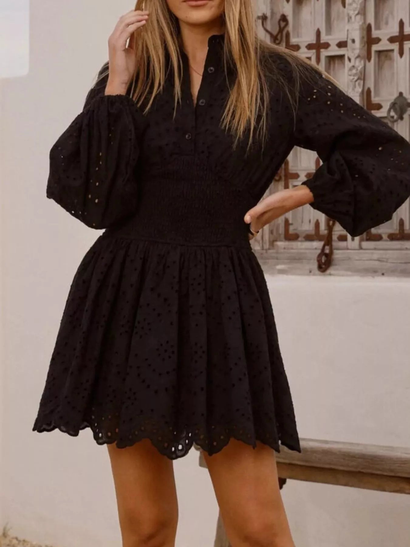 Eyelet Balloon Sleeve Mini Dress