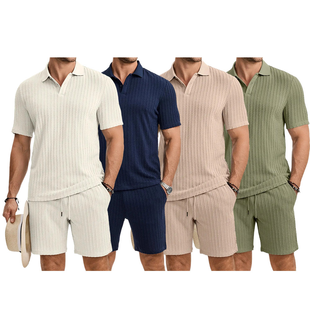Men 2 Piece Jacquard Knit Lounge Sets Short Sleeve Polo Shirt and Shorts Sets Summer Outfits with Pockets