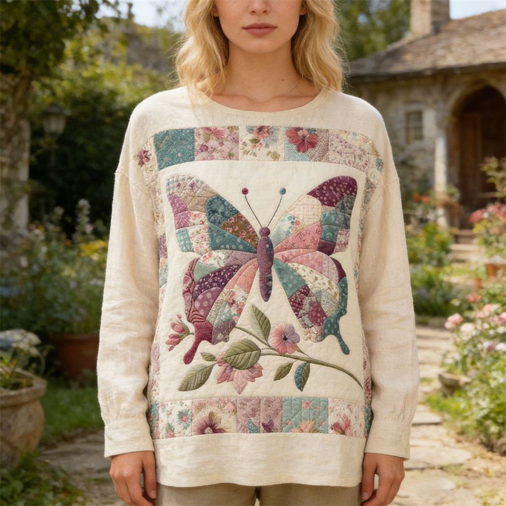 Boho Butterfly & Floral Patchwork Pattern Women's Linen Long Sleeve Shirt