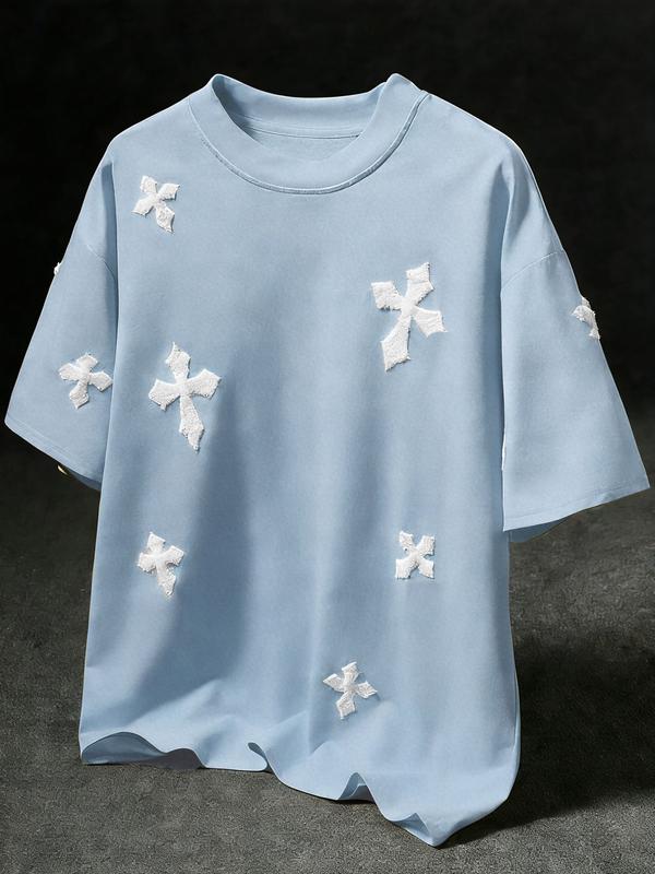 Men's Cross Stitch Embroidered Solid Color Round Neck T-Shirt