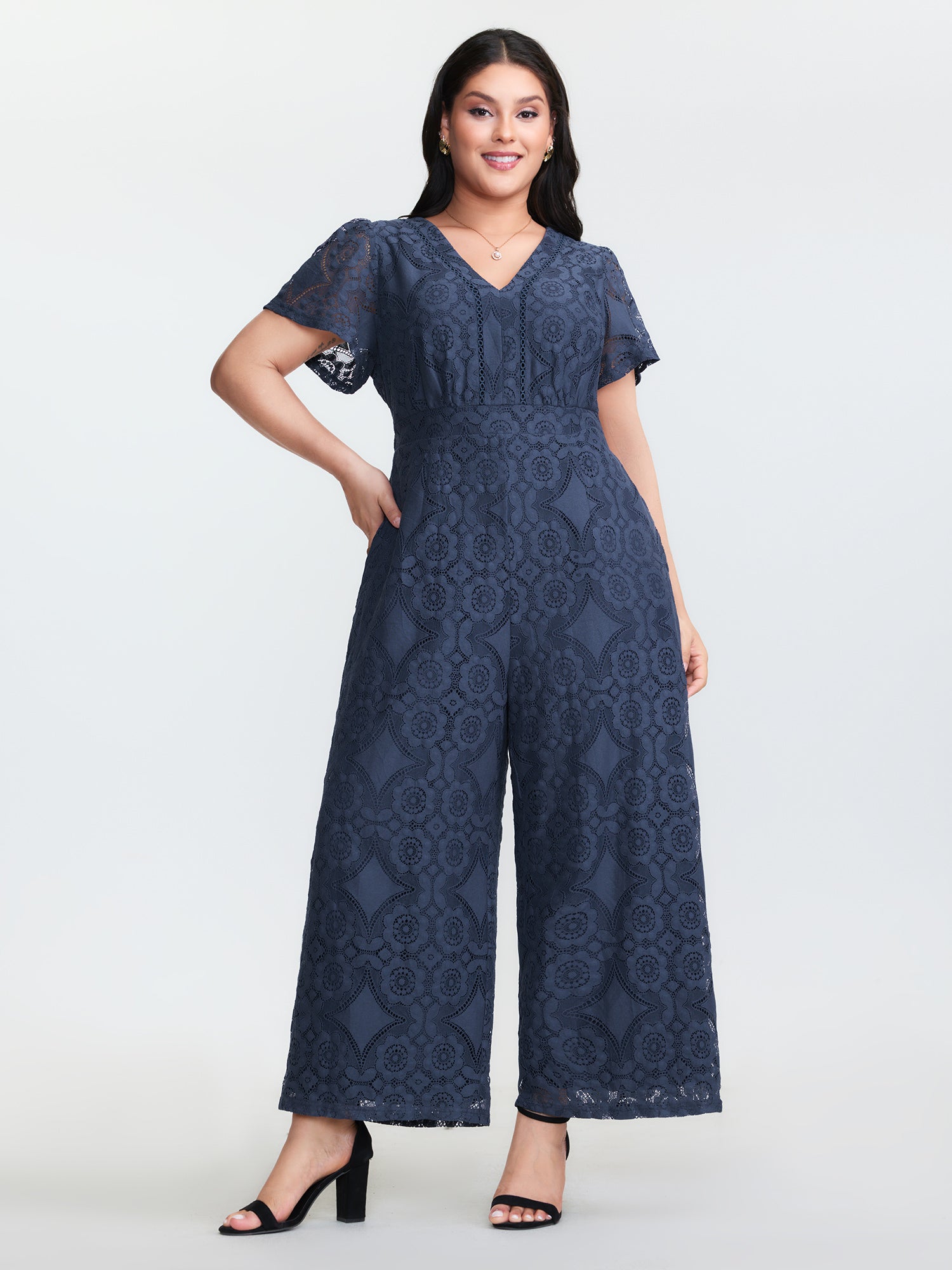 Floral Lace Sheer Stretchy Waist Jumpsuit